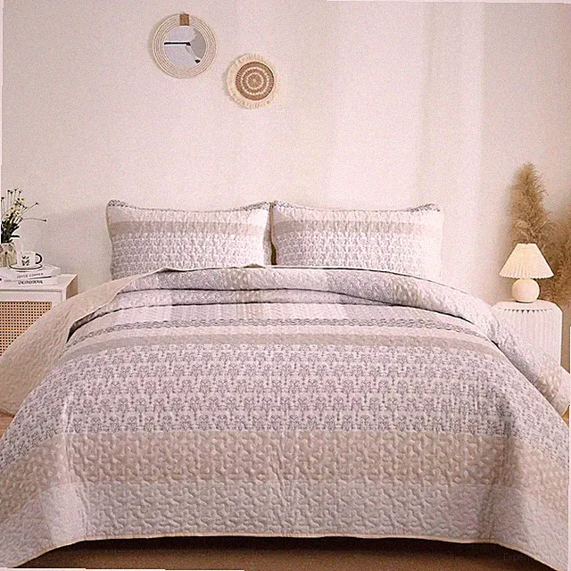 Beige Quilt Queen Size, Bohemian Stripe Quilt Sets 3 Pieces Beige Boho Quilte...
