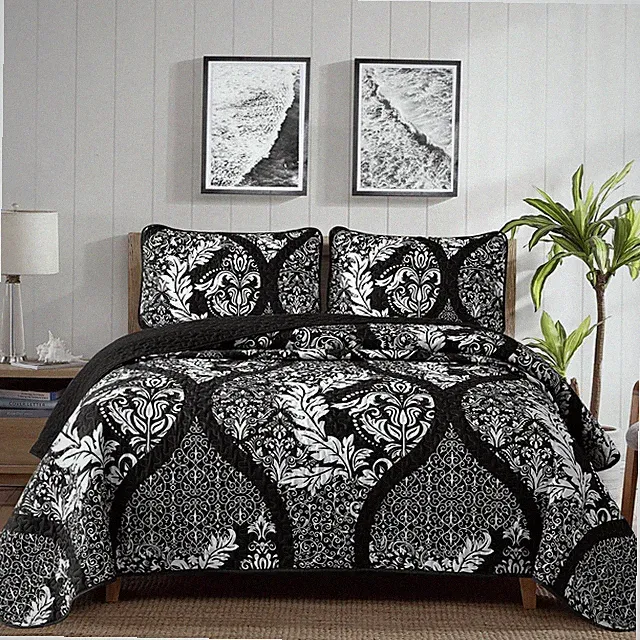 Black Quilt Set Queen Size, Boho Damask Bedspread Coverlet Set Soft Lightweig...