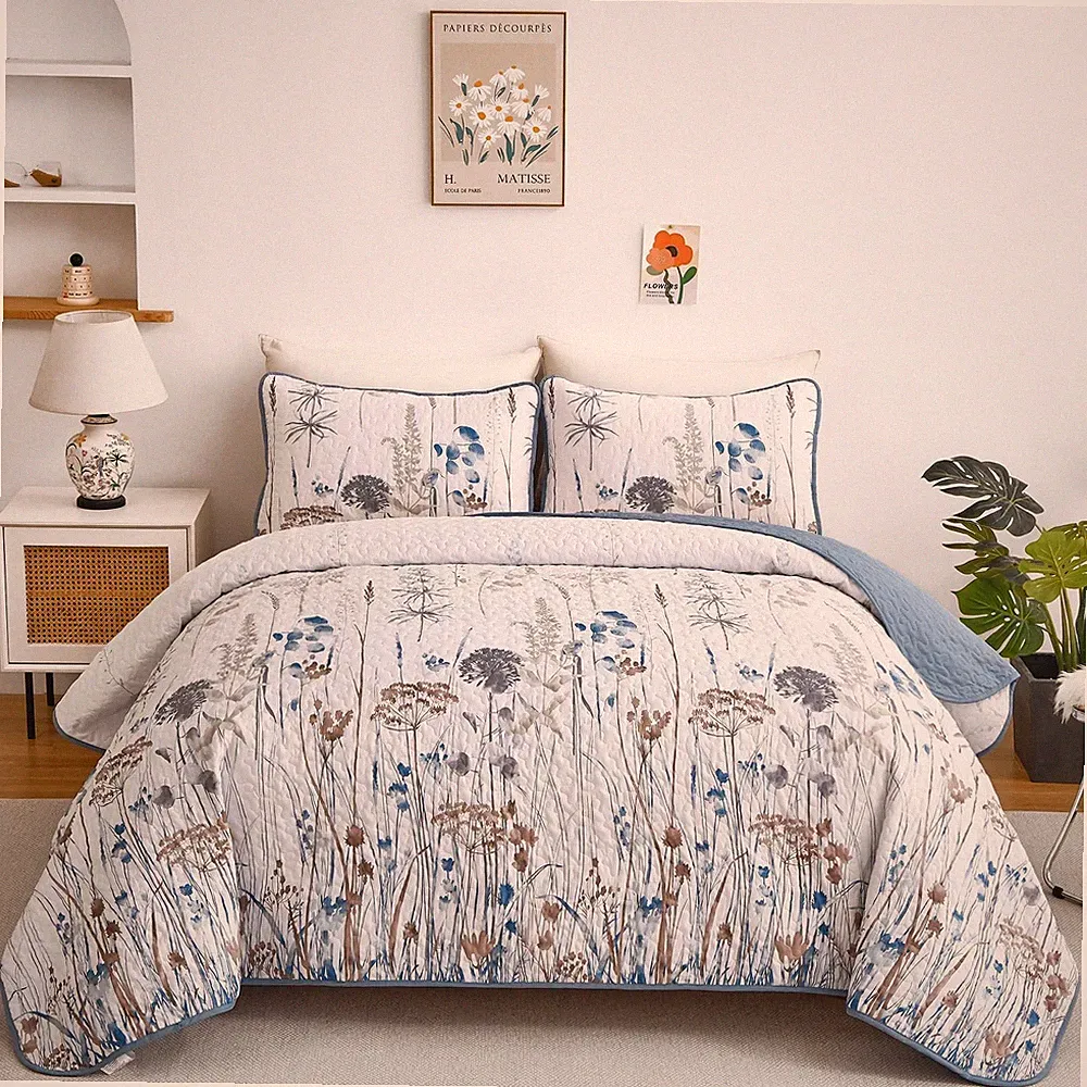 Blue Quilt Queen Size Floral Botanical Queen Quilt Bedding Set 3 Pieces Soft...