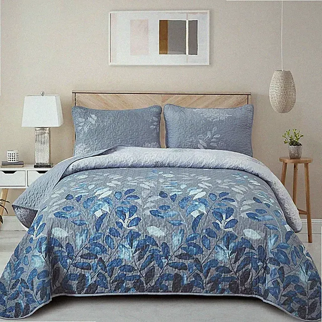 Blue Quilt Set Queen Size,3 Pieces Navy Blue Floral Bedspread Coverlet Set,So...