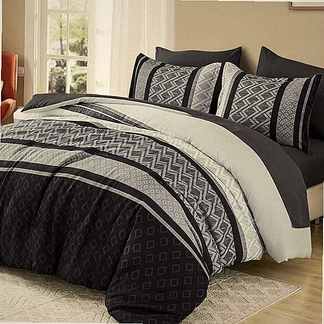 Boho Comforter Set Queen Size,Black Gray Striped Bed in a Bag,7 Piece Plaid Comf