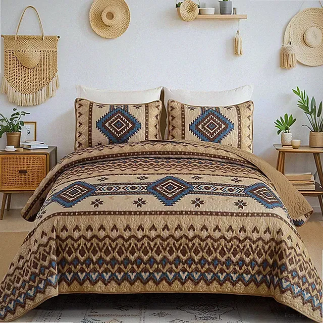 Brown Boho Quilt Set Queenï¼Œ3 Pieces Aztec Texture Bedspread Southwestern Co...