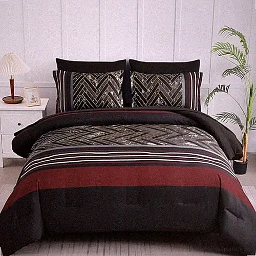 Comforter Set Size, 7 Pieces Stripe Geometric Bed in a Queen Black and Red