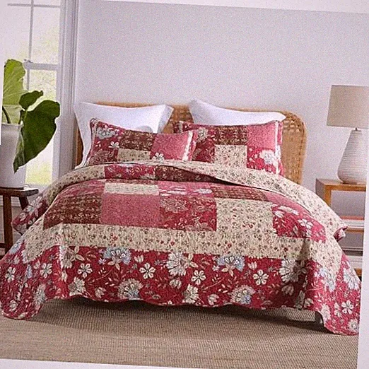Cotton Bedspread Quilt Bedding Sets 3 Pieces Queen Size Purple Red Floral