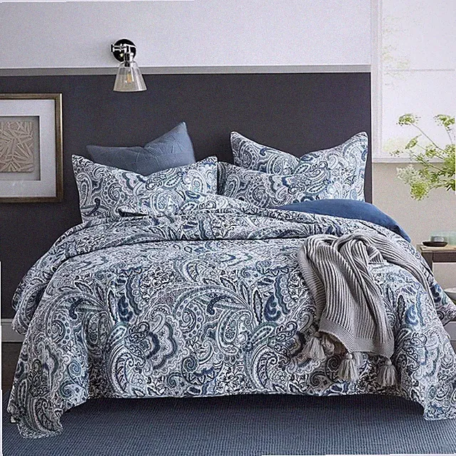 Cotton Bedspread Quilt Sets, 3 Pieces Reversible Comforter Coverlet Sets,Blue Fl