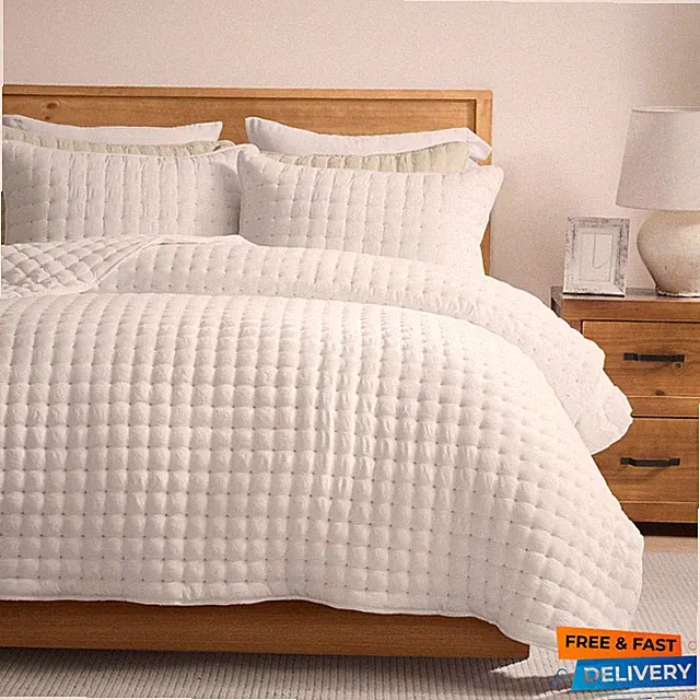 Elegant White King Size Quilt Set with Gold Cross Stitch, 3 Pieces - All Seas...