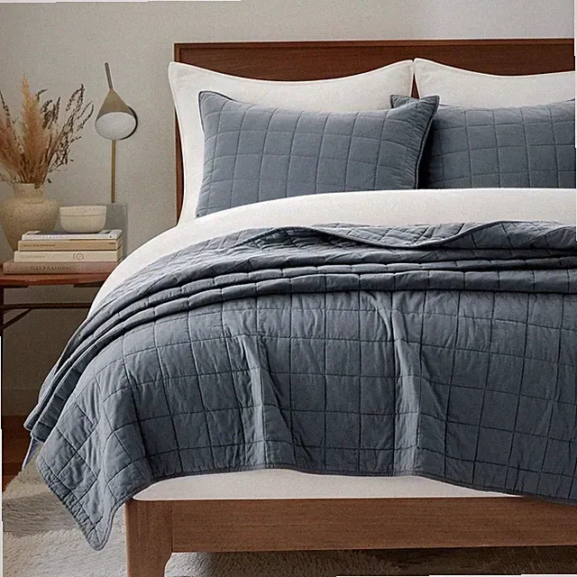 EVERGRACE Queen Quilt Set Midnight Blue 100% Cotton Box Stitch 3PC New