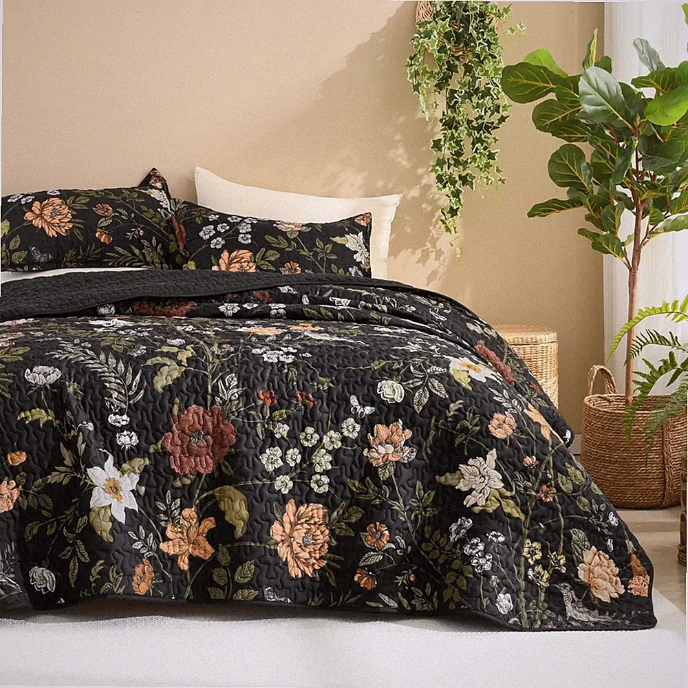 Floral Black Quilt Queen Size - 3 Pieces Botanical Birds Pattern Quilt Bedding