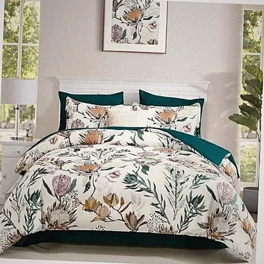 Floral Comforter Set Bed in a Bag Set,7 Pieces Floral Comforter and King Beige