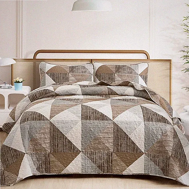 King Size Quilt Brown, 3 Pieces Patchwork Bedspread Bedding for King Size Bed, S