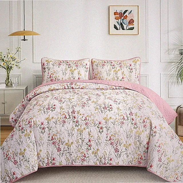 King Size Quilt Set, Pink Floral Pattern Quilt Bedding Set King, 3 Pieces Bot...