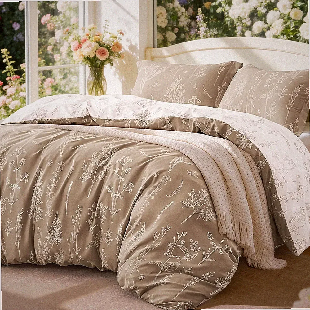 Light Taupe Twin Comforter Set - Twin XL Size Dorm Bedding, 2 Pieces Cute Floral