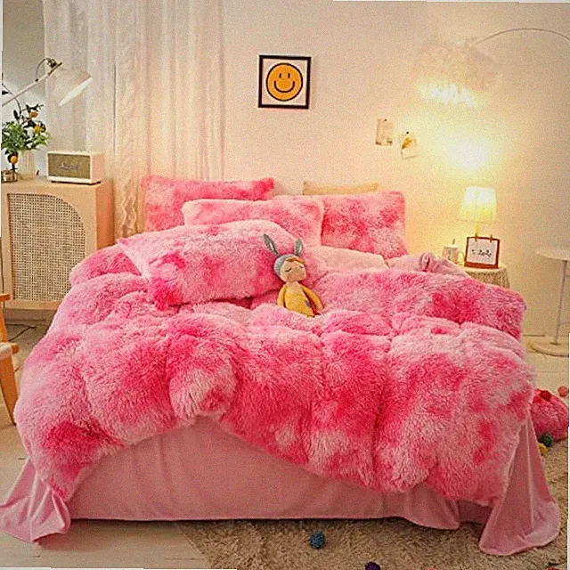 Luxury Shaggy Plush Duvet Cover Set, Pink White Ombre, 3 Pieces with Zipper