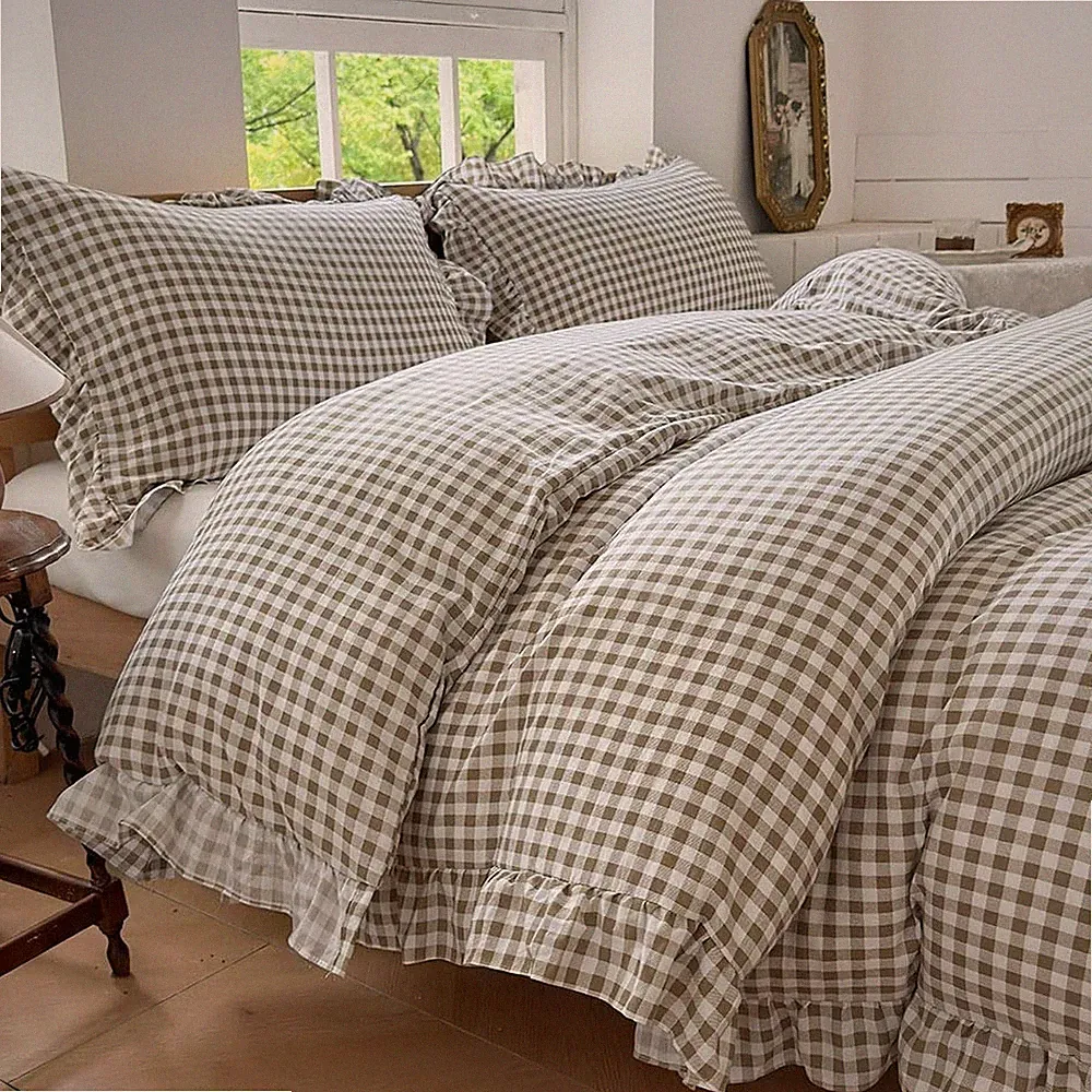NSNLGSGC Tan Gingham Ruffle Duvet Cover King Size, 3 Pieces Taupe Soft Pre-Wa...