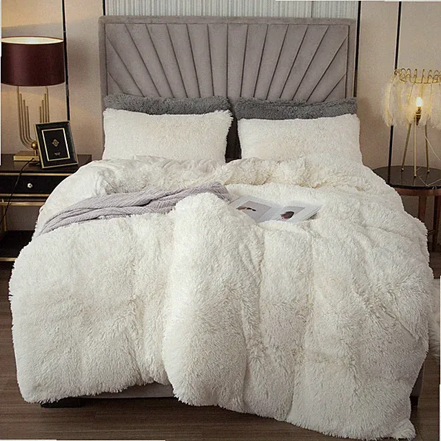 Plush Shaggy White Duvet Cover Set Queen Size 3 Pieces Luxury Fuzzy Comforter...