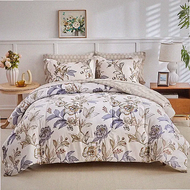 Queen Comforter Set- 7 Pieces Floral Bed in a Bag, Blue Flowers Golden Leaves...