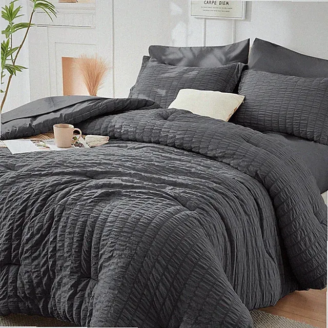 Queen Comforter Set Seersucker 7 Pieces, Queen(88"x 88"), Dark Grey