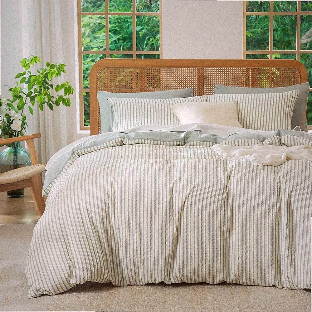 Queen Size Comforter Set Striped Soft Luxury Washed Microfiber Jacquard 3 Pieces