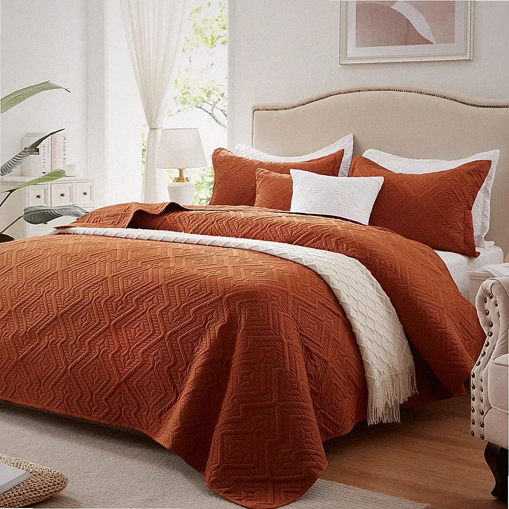 Quilt Set King Size 3 Pieces Burnt Orange/Rust All Seasons 1 Quilt 2 Shams