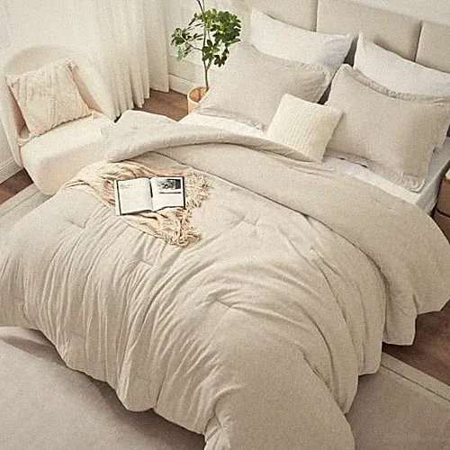 Size Comforter Set, 3 Pieces Soft Luxury Cationic Dyeing Comforter Full Beige