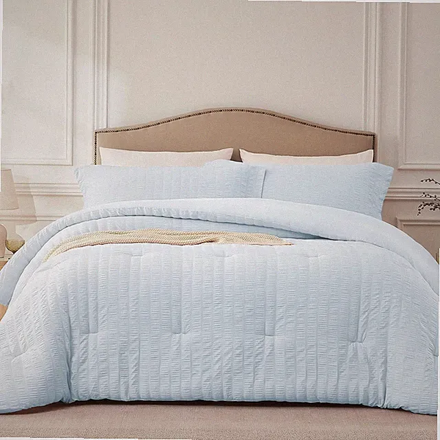 Skyblue Queen Comforter Set - 3 Pieces Seersucker Lightweight Bedding Comforter