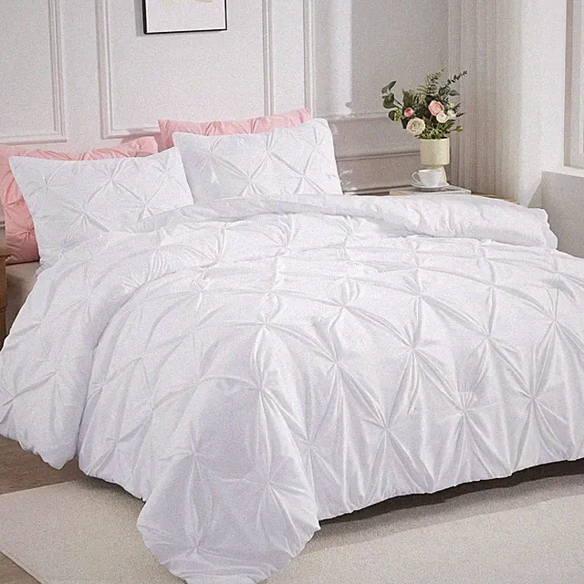WHITE QUEEN COMFORTER SET90X90INCH 3 PIECES CUTE PINCH PLEAT BEDDING COMFORTER